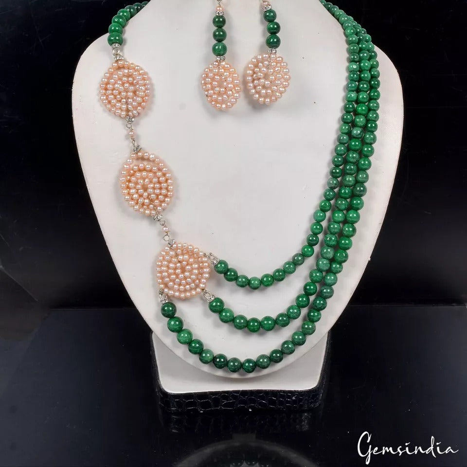 580 Ct Natural Emerald Pearl Rondelle Bead Handmade Designer Necklace w/Earrings