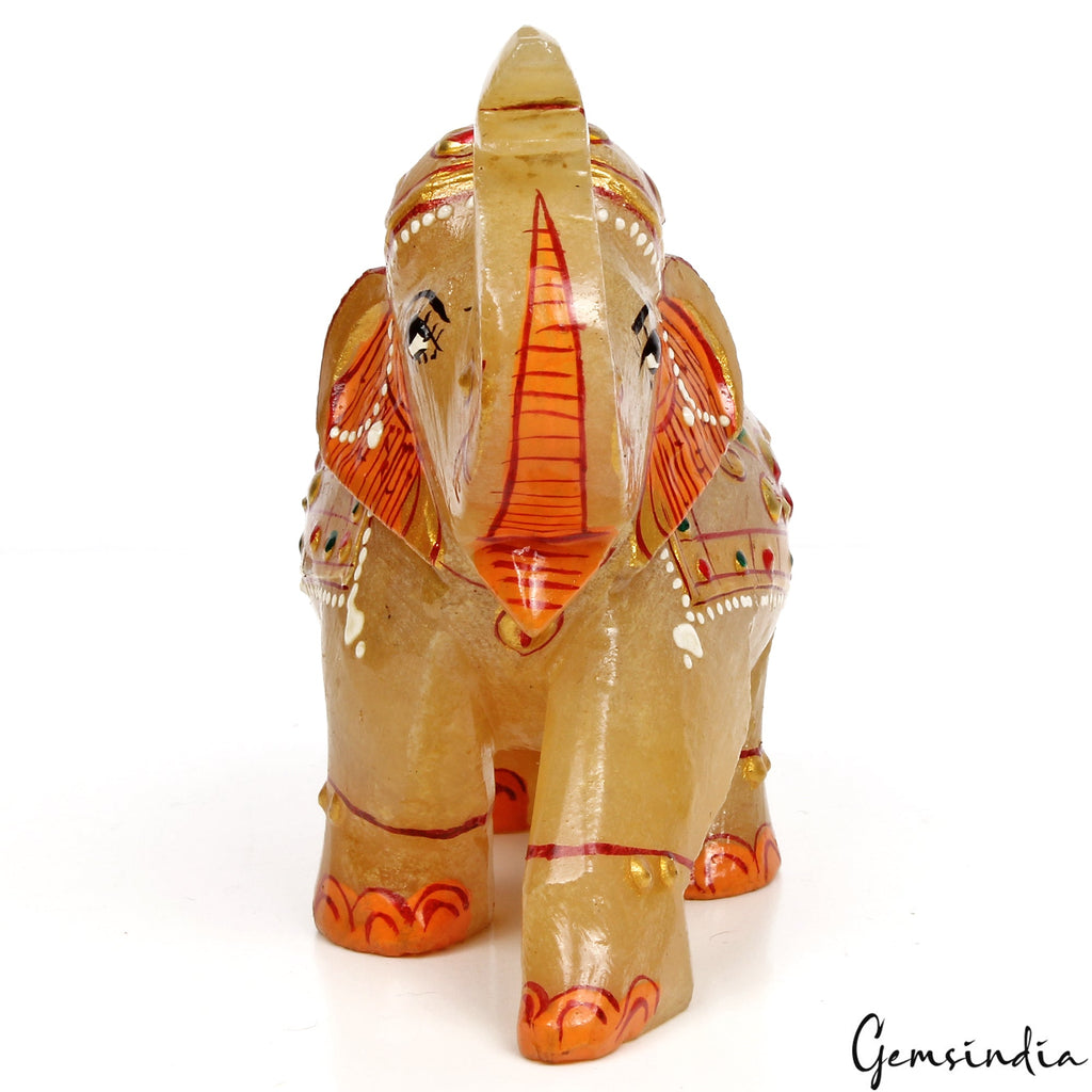 1420 Ct Hand Crafted Gold Painted Trunk Up Elephant Natural Aventurine Sculpture