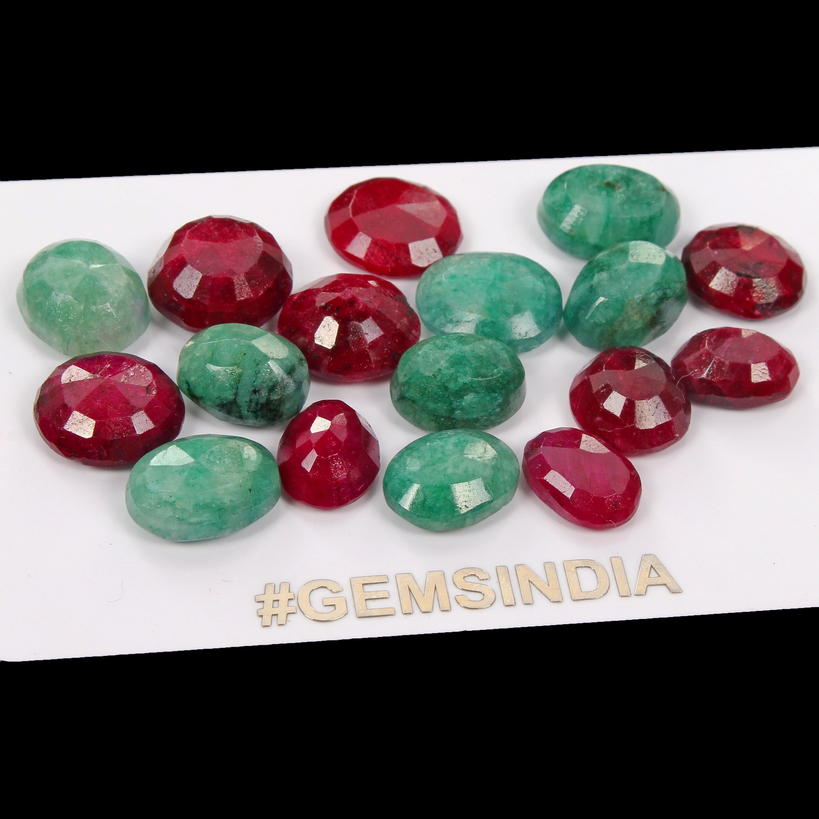 17 Pcs Natural Red Ruby Green Emerald Oval Cut 11-13mm Loose Ring Size Gemstones