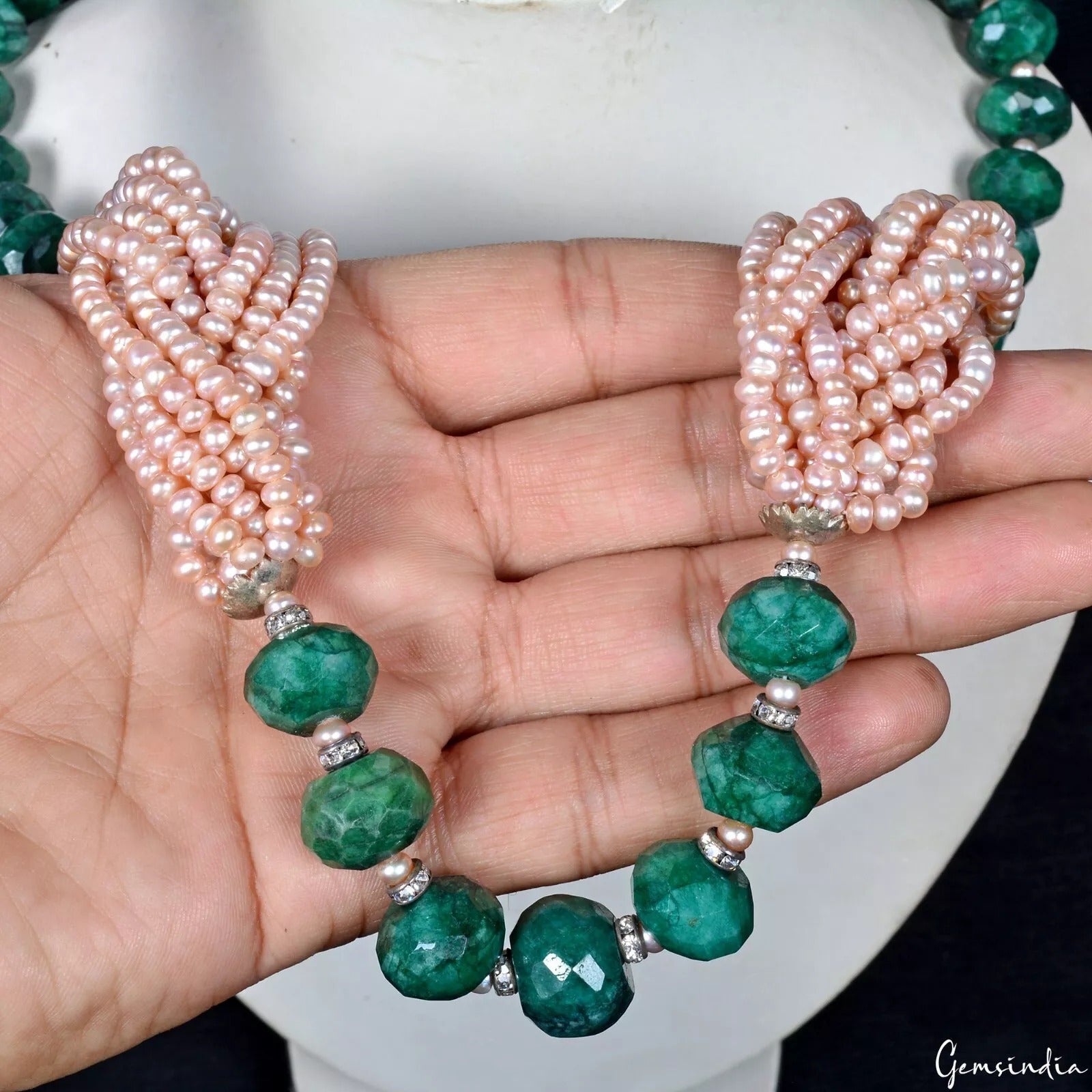 735 Ct Natural Emerald & Pearl Rondelle Bead Handmade Designer Necklace 24 Inch