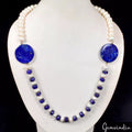 450 Ct Natural Blue Lapis Lazuli & Freshwater Pearl Beaded Handmade Necklace 22"
