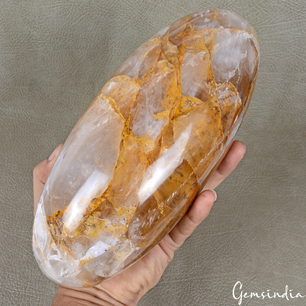 9.3" Golden White Quartz Healing Chakra Charged Metaphysical Oval Lingam 3.5 Kg