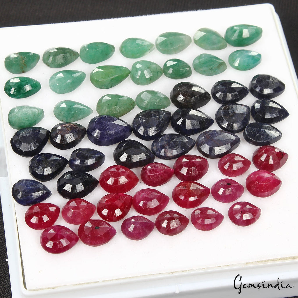 171.70 Ct/54 Pcs Natural Multi Color Ruby Emerald Sapphire Pear Cut Gems 8-12mm