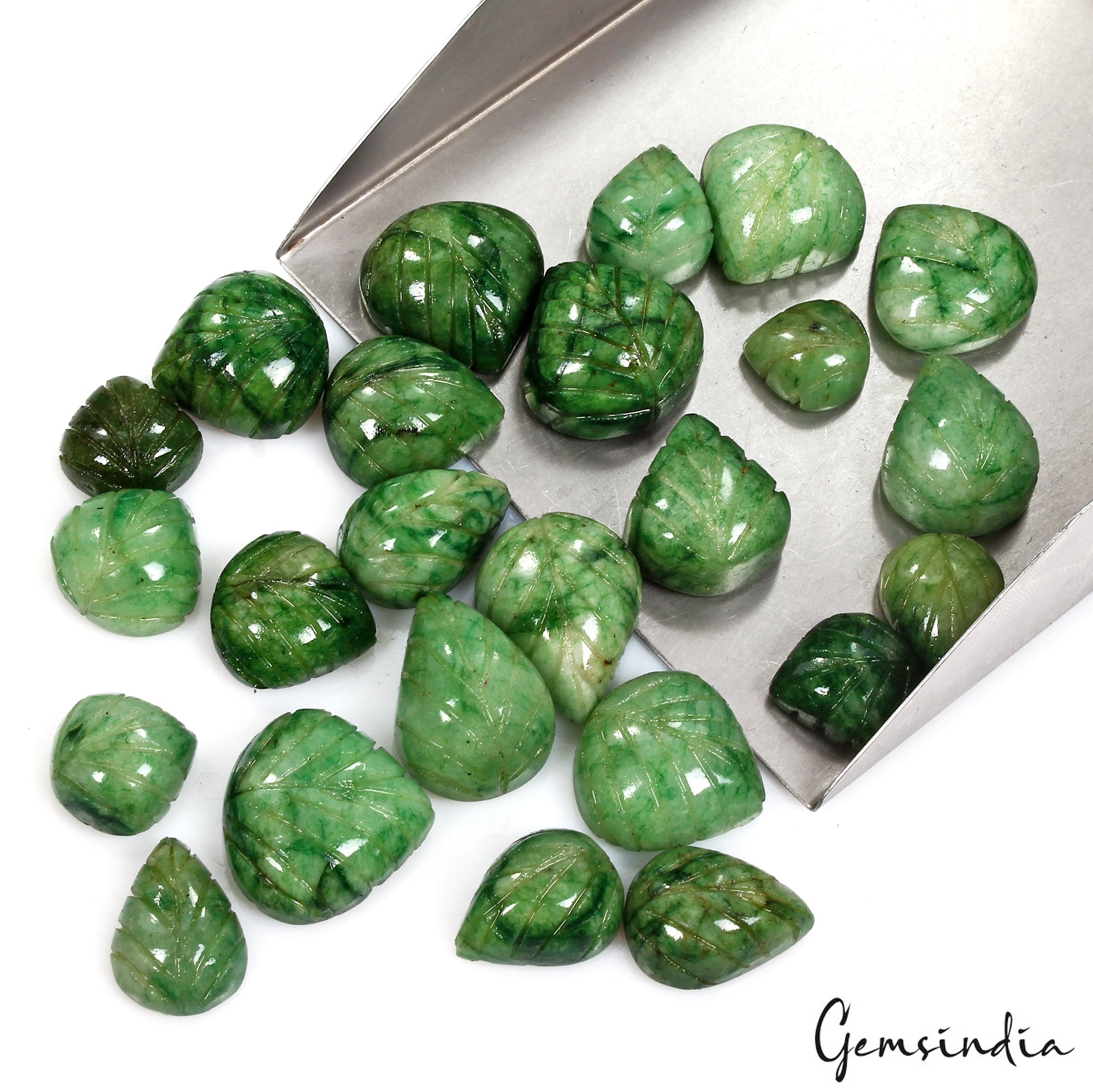 480 Ct/24 Pcs Natural Carving Green Emerald Pear, Ring Size Loose Gemstones Lot