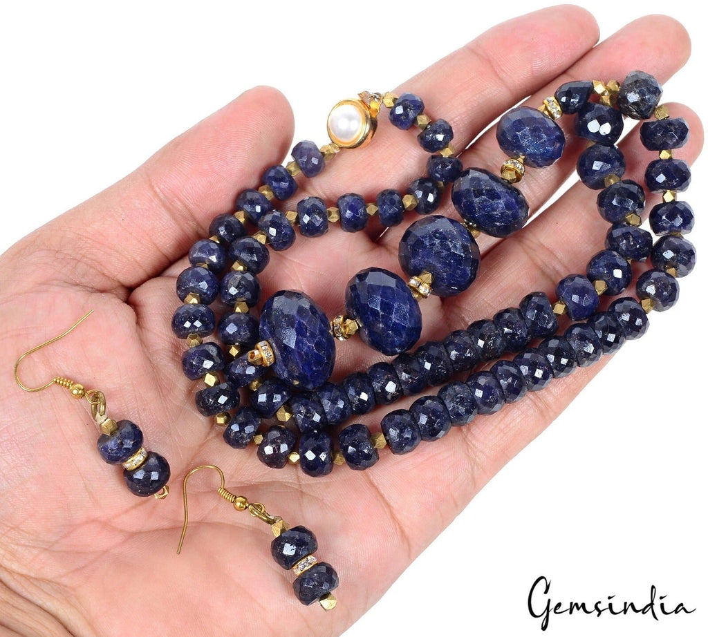 682 Ct Natural Dark Blue Sapphire Gems Round Faceted Beaded Handmade jewelry Set