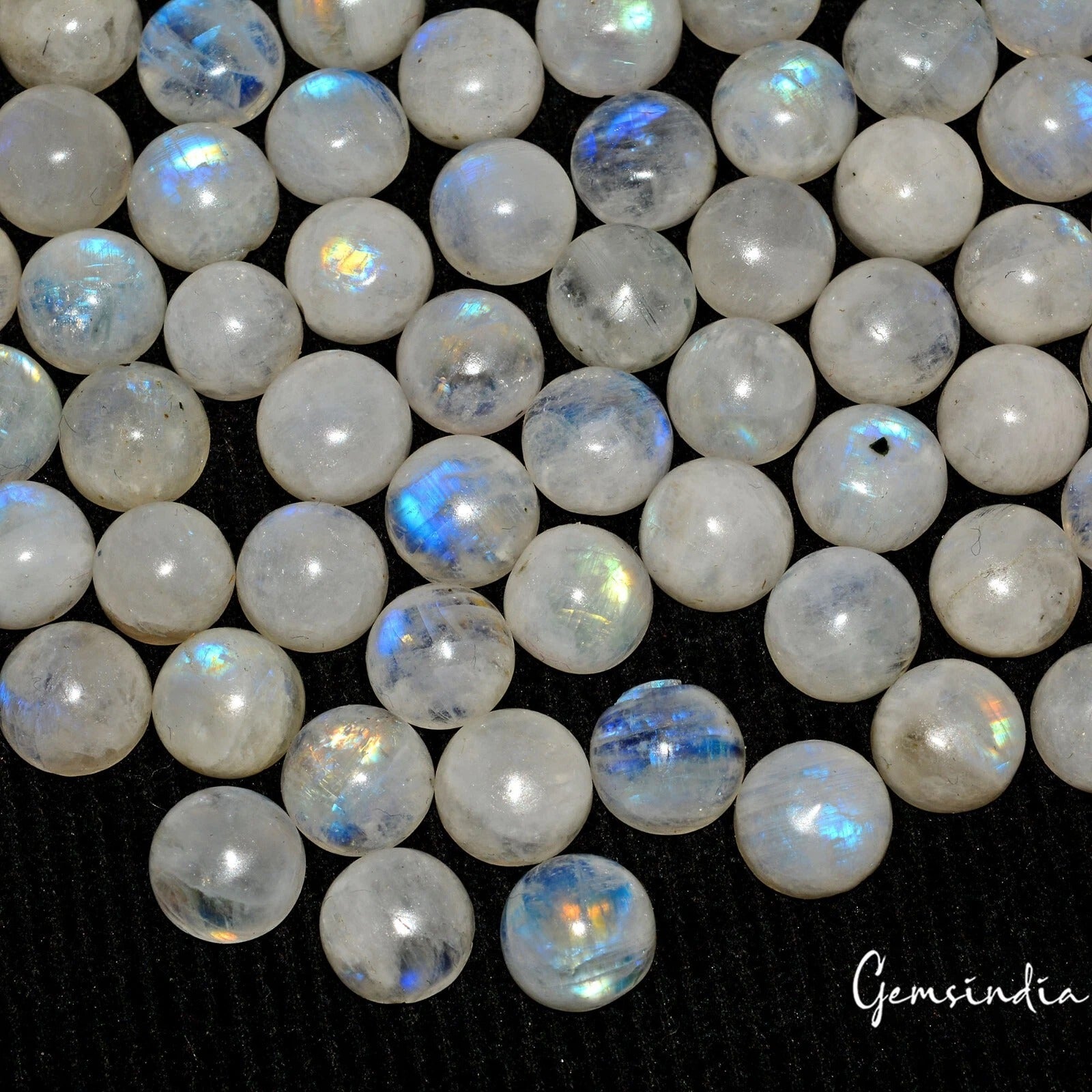 Rainbow Moonstone Lot, Cabochon, Untreated, Blue — 100 Pieces, 9mm To 10mm, 420 Ct, Madagascar