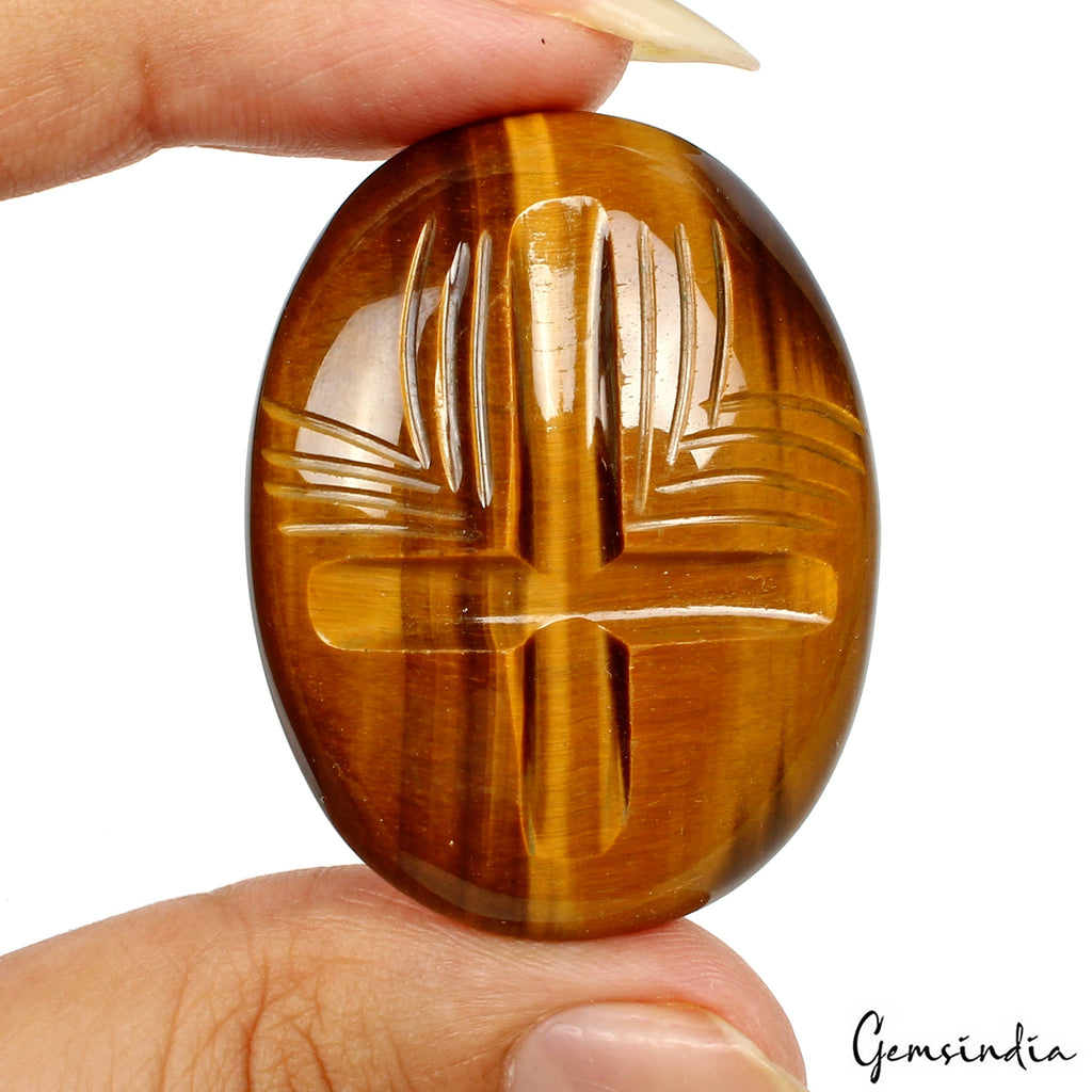 Natural Yellow Brown Tiger Eye Oval Cut Carving 74.70 Ct Loose Gems For Jewelry
