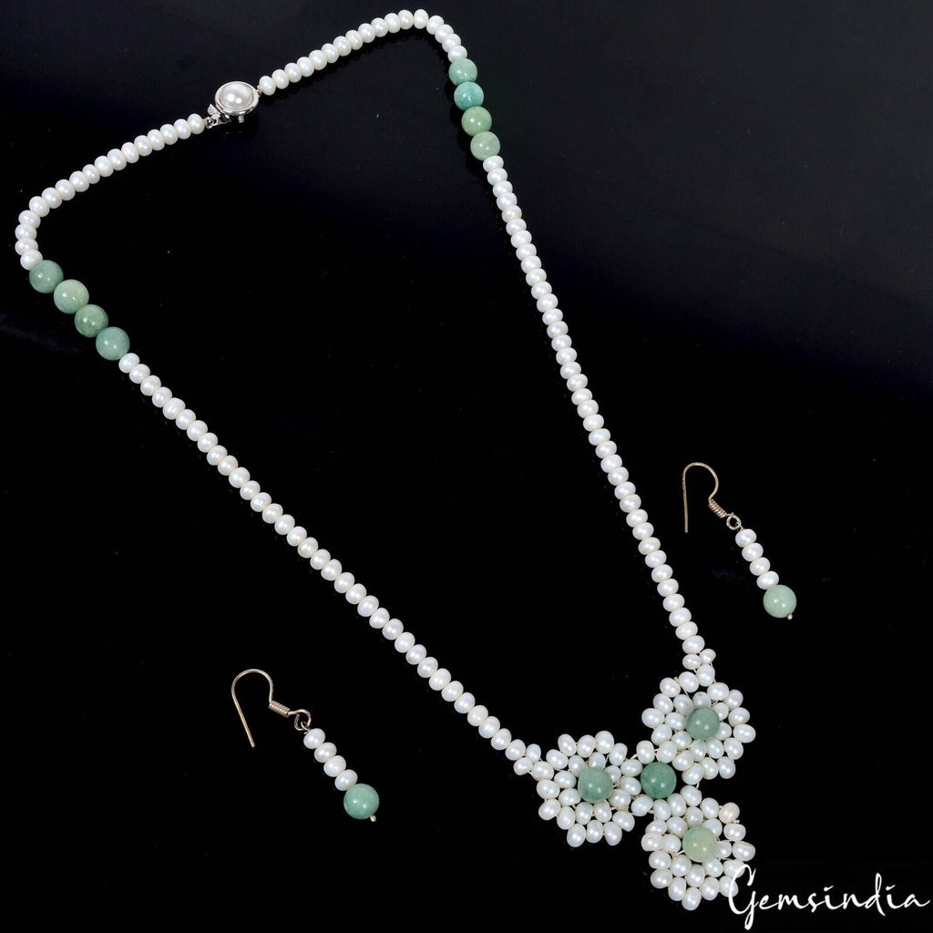 200 Cts Freshwater Pearl Green Emerald Gems Beaded Handmade Necklace & Earring