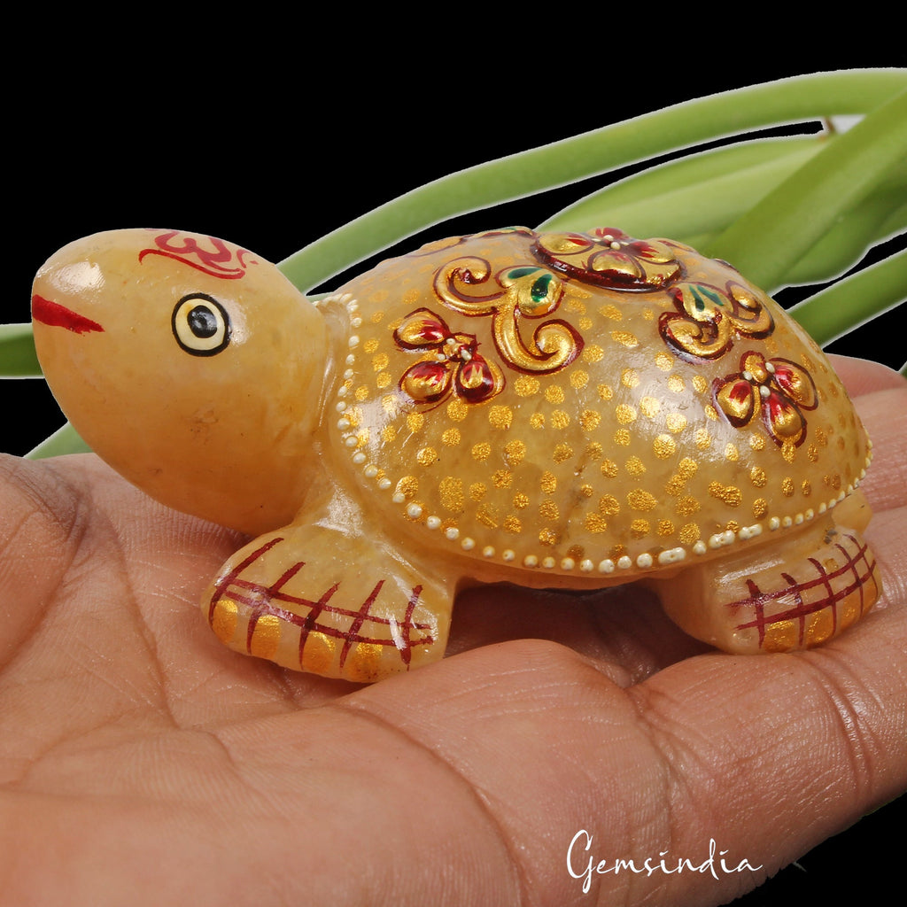 580 Cts Natural Untreated Yellow Aventurine Turtle Carved Golden Patined Statue