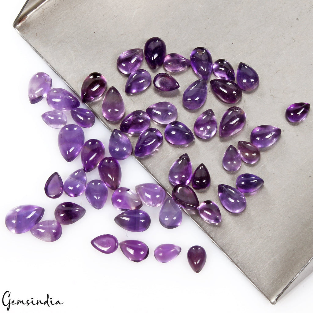 50 Pcs Natural Amethyst Purple Pear Cabochon 6mm-9mm Untreated Loose Gemstones