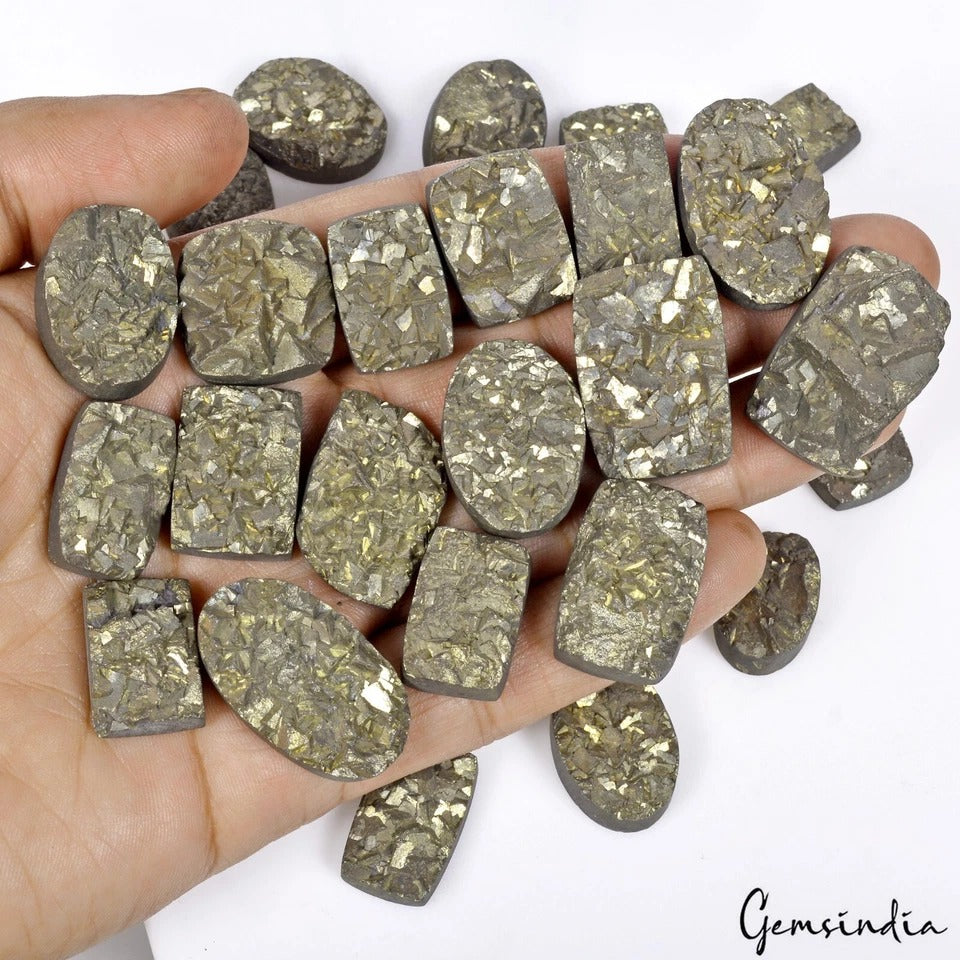 1270 Ct Natural Untreated Gold Pyrite Mix Cut Druzy Gems Lot 25 Pcs For Jewelry