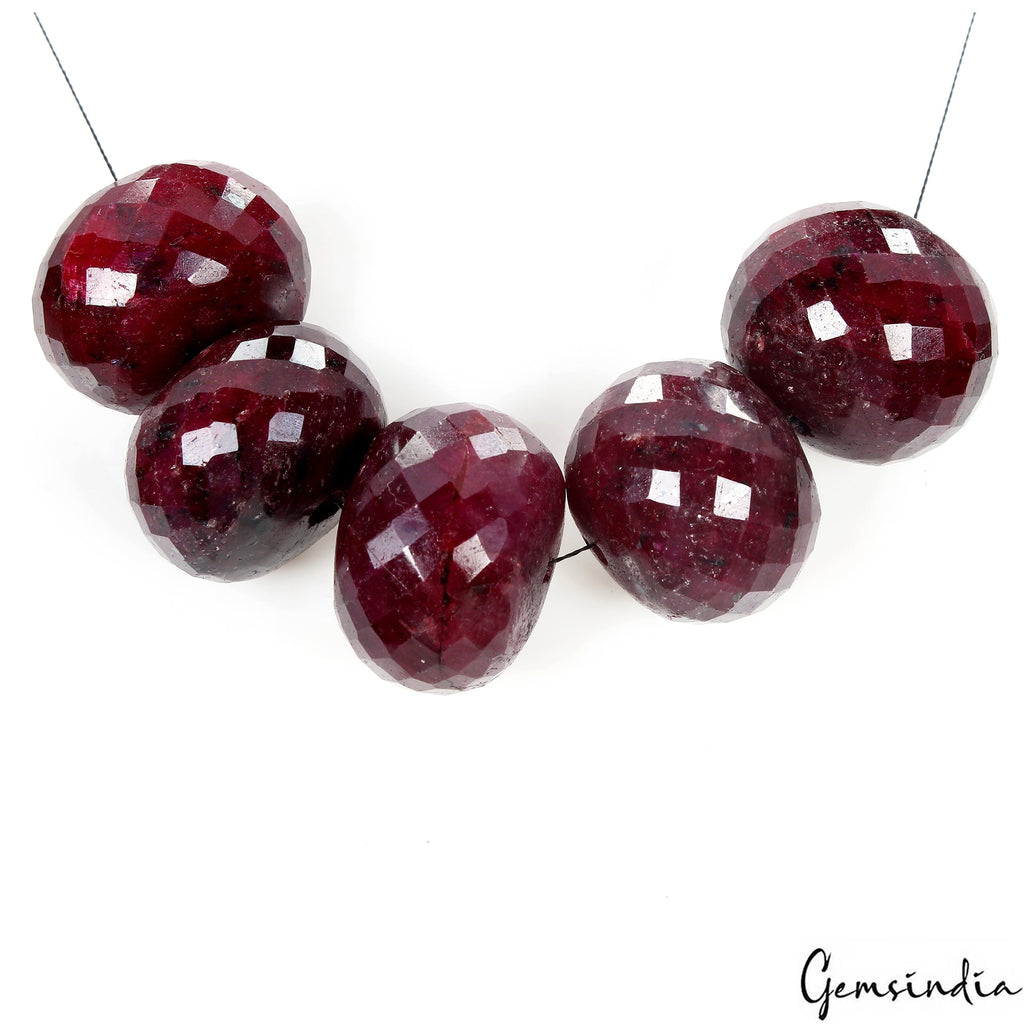 700 Cts/5 Pcs Natural Rich Red Ruby Huge Round Checker Cut Loose Drilled Beads
