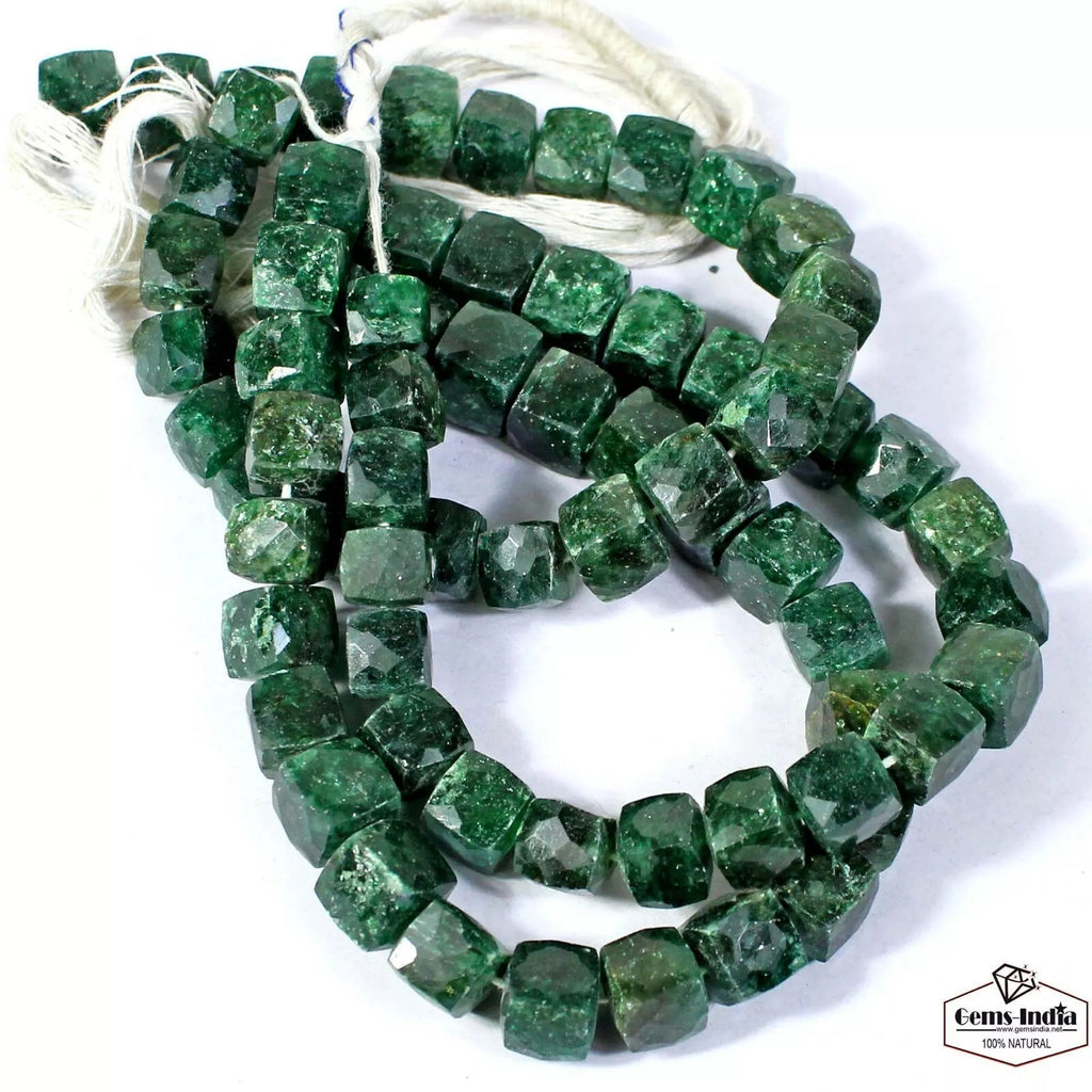 8" Each Natural Green Serpentine Gemstone Box/Cube Faceted 8-9mm Beads, 3 Strand