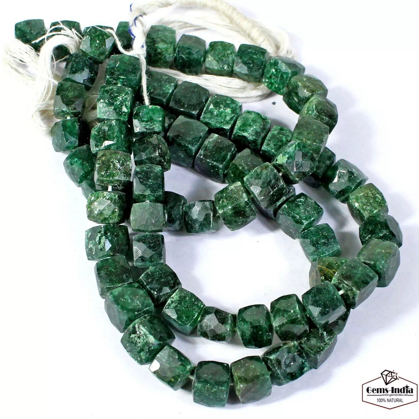 8" Each Natural Green Serpentine Gemstone Box/Cube Faceted 8-9mm Beads, 3 Strand