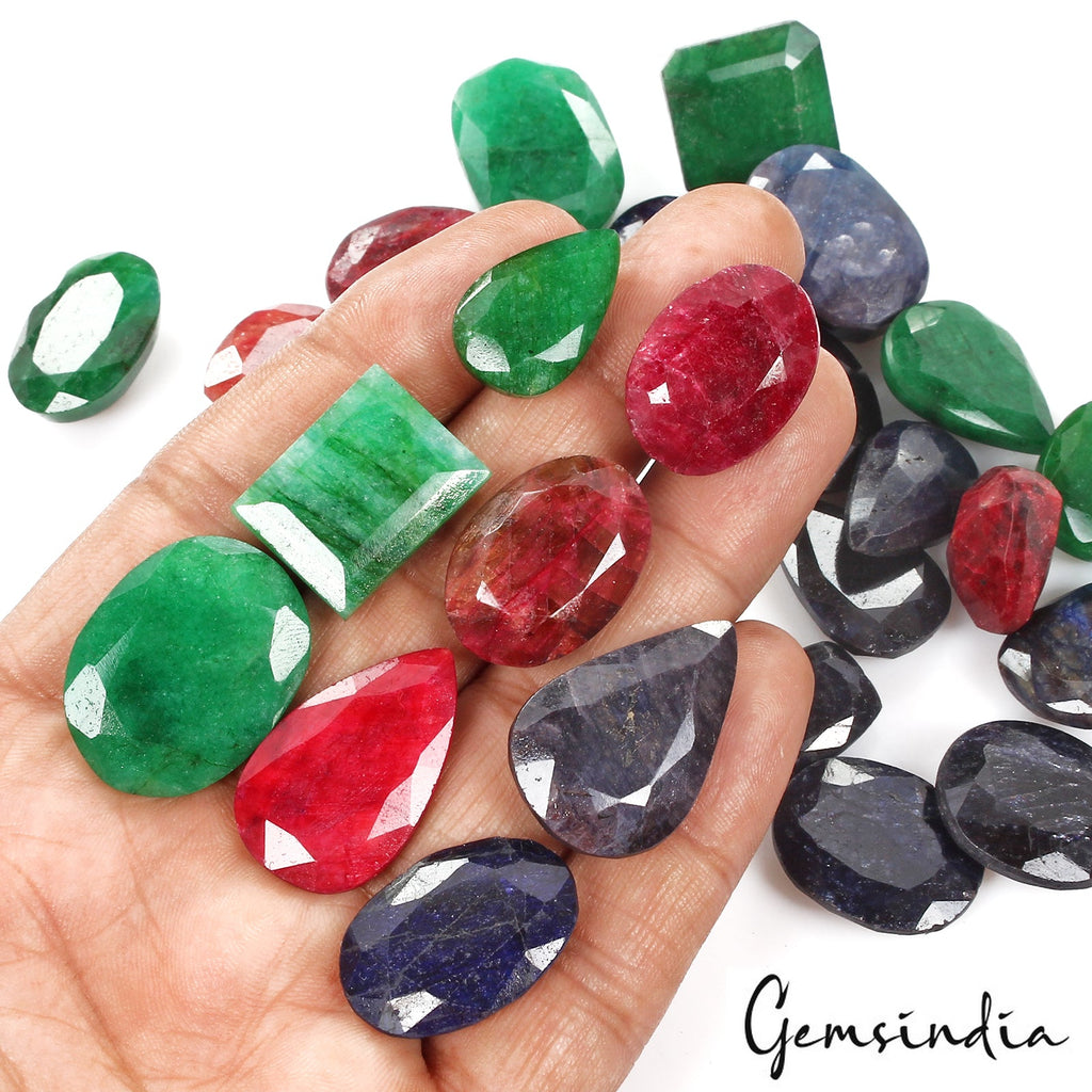 800 Ct/27 Pcs Natural Multi Color Emerald Ruby Sapphire Mixed Cut Loose Gems Lot