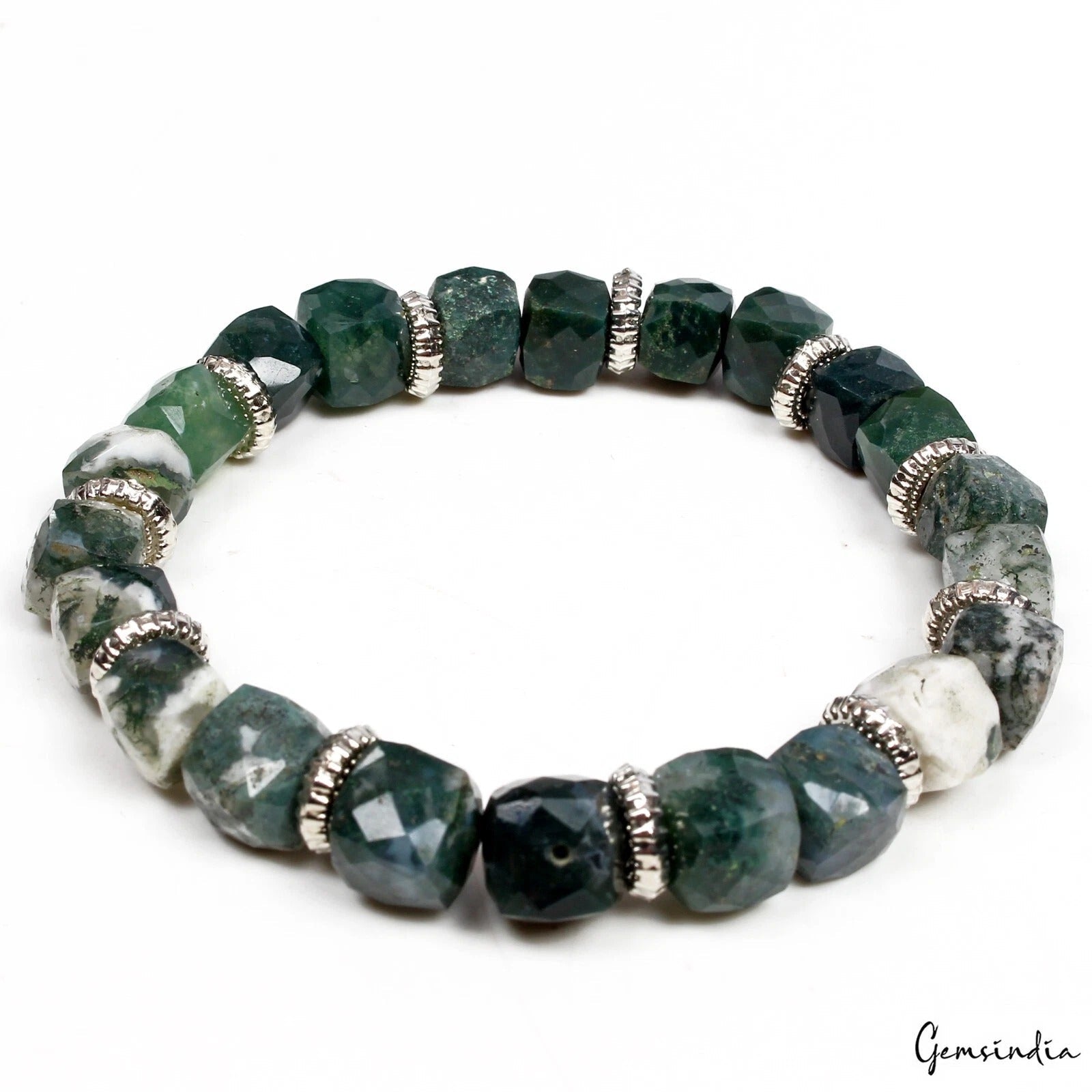 92.10Ct Natural Untreated Bi-color Moss Agate Dice Cut Bead Stretchable Bracelet