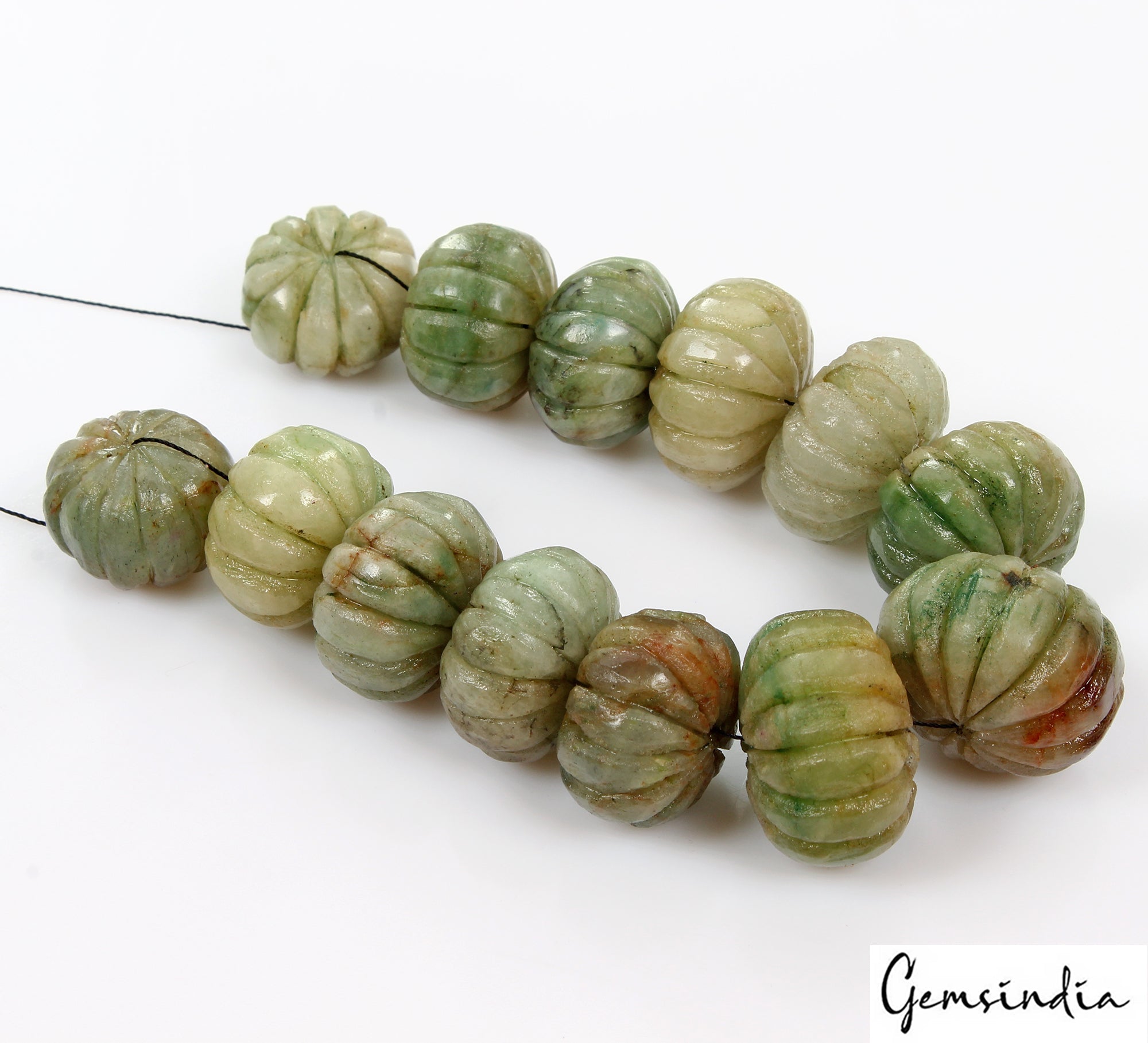700 Cts Natural Green Emerald Melon Beads Drilled Carved Loose Gemstones 13 Pcs