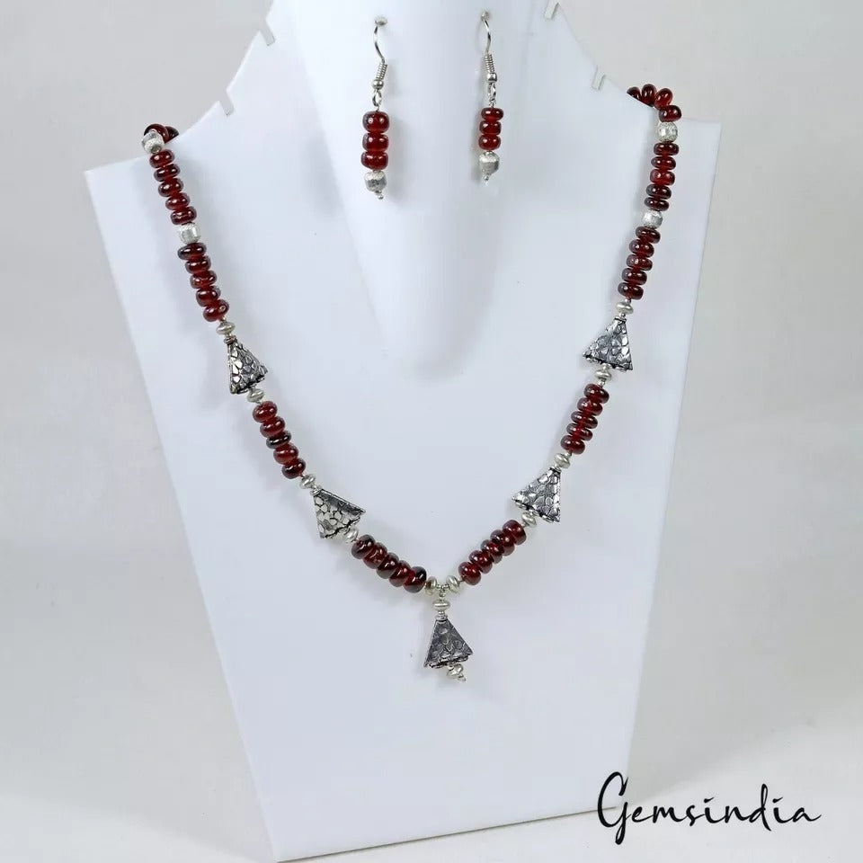 237+Cts Natural Untreated Wine Red Garnet Round Cab Beaded Handmade Jewelry Set