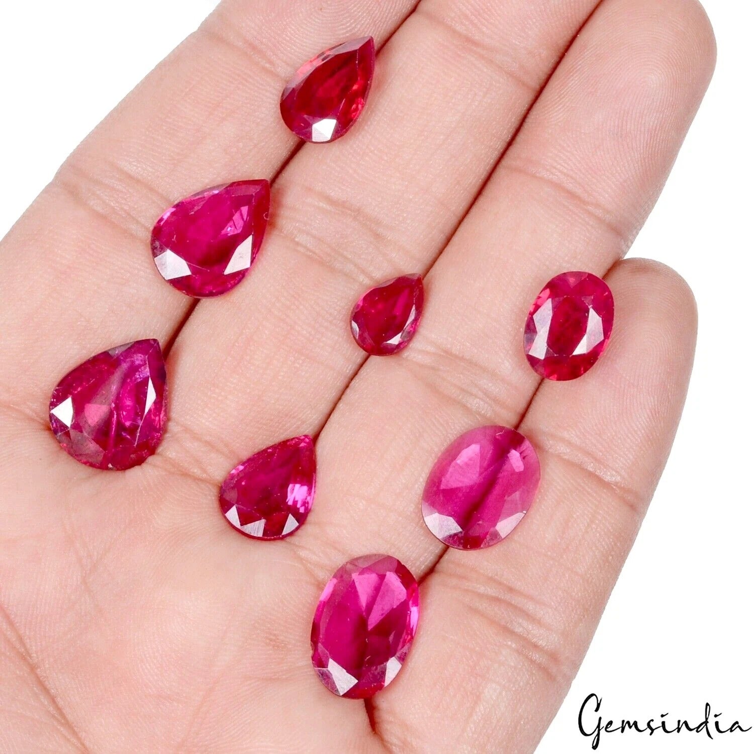 Ruby Lot, Loose Gemstone, Oval Pear Faceted Cut, Lab Created — 8 Pieces, 9mm to 14mm, 38.50 Ct, India