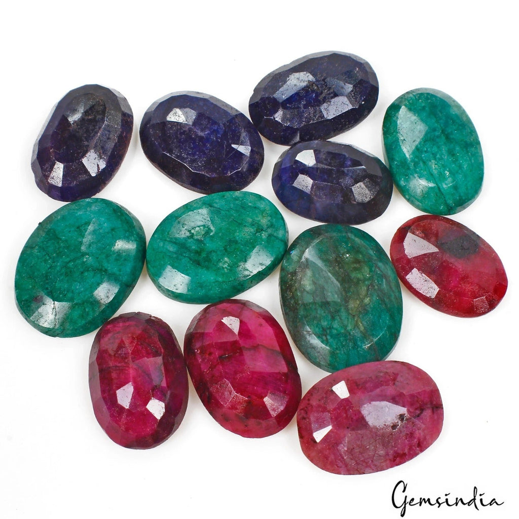 440 Cts/12 Pcs Natural Ruby, Emerald & Sapphire Oval Cut Loose Gems For Jewelry