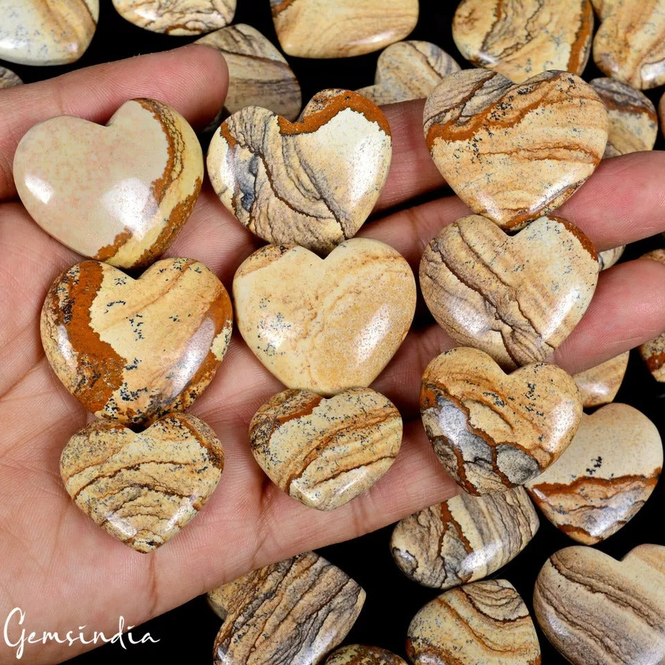 2500 Ct/38 Pcs Natural Untreated Picture Jasper Heart Cab Loose Gems For Jewelry