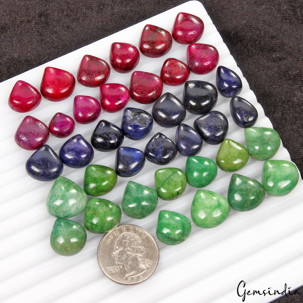490 Ct Natural Ruby Emerald Sapphire Pear Cabochon Shape Loose Gemstones~ 38 Pcs