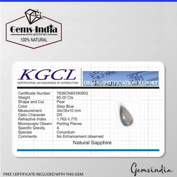Certified 65Ct Natural Untreated Gray Blue Sapphire Pear Cab Drill Briolette Gem