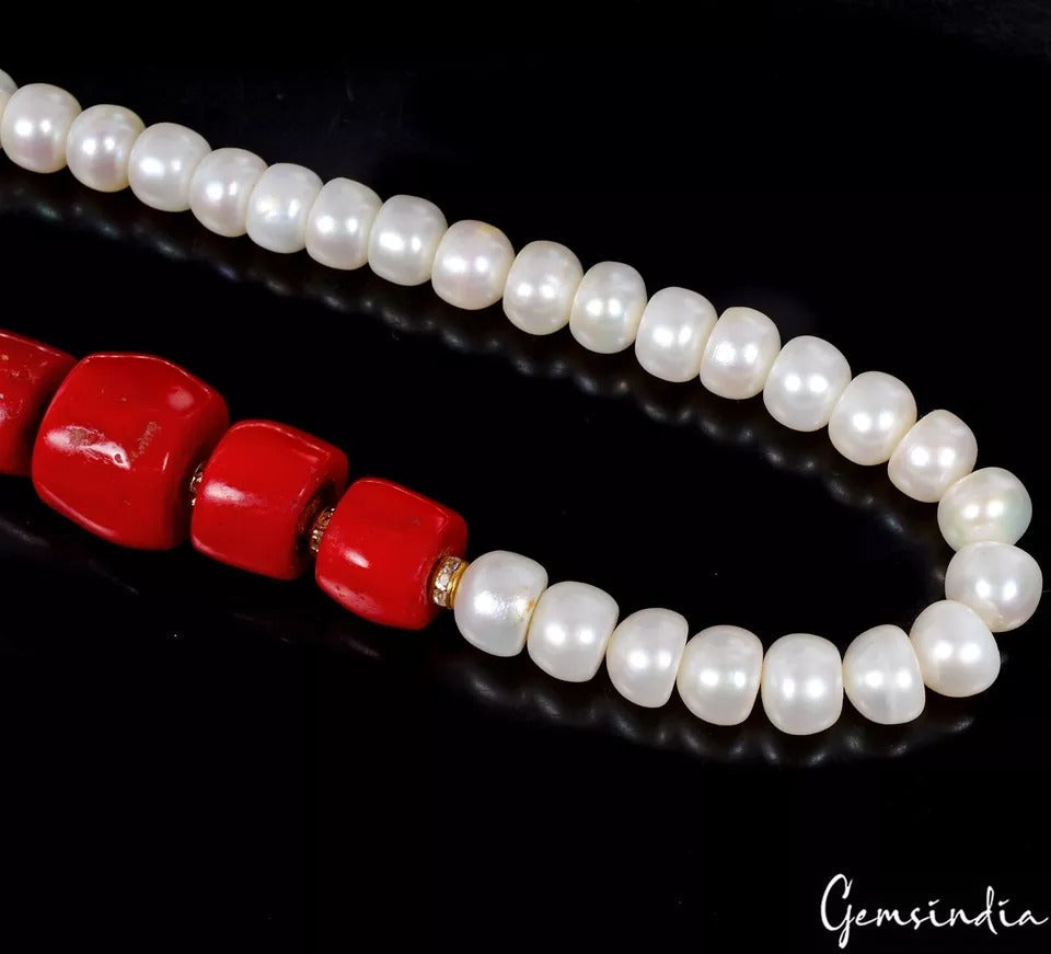485 Ct Freshwater Pearl & Red Coral Gem Handmade Designer Single Strand Necklace