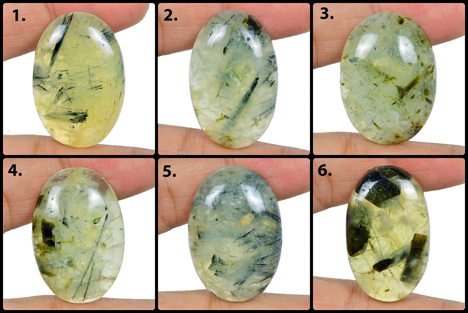 350 Cts/6 Pcs Natural Untreated Black Needles Prehnite Oval Cab Loose Gems Lot