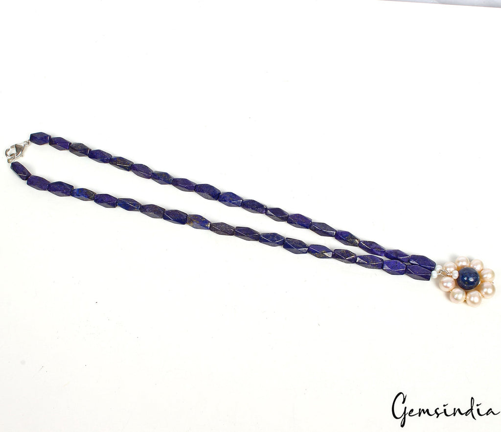 200 CtS Natural Blue Lapis Lazuli Fresh Water Pearl Beaded Handmade Necklace 18"