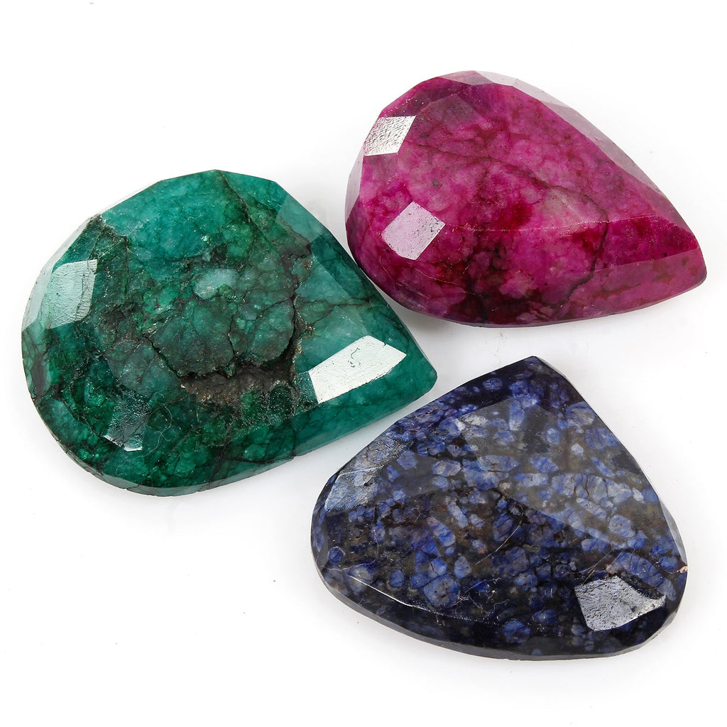 720 Ct/3 Pcs Natural Red Ruby, Blue Sapphire & Green Emerald Pear Cut Loose Gems