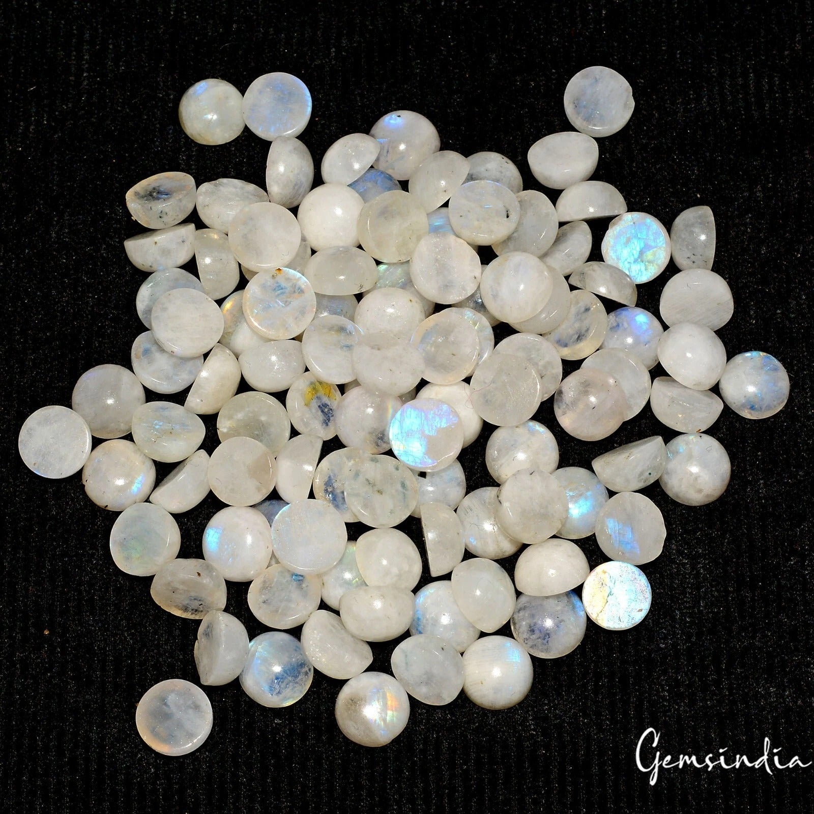 100 Pc Natural Rainbow Moonstone 9-10mm Round Blue Shine Cabochon Gems ~420 Ct