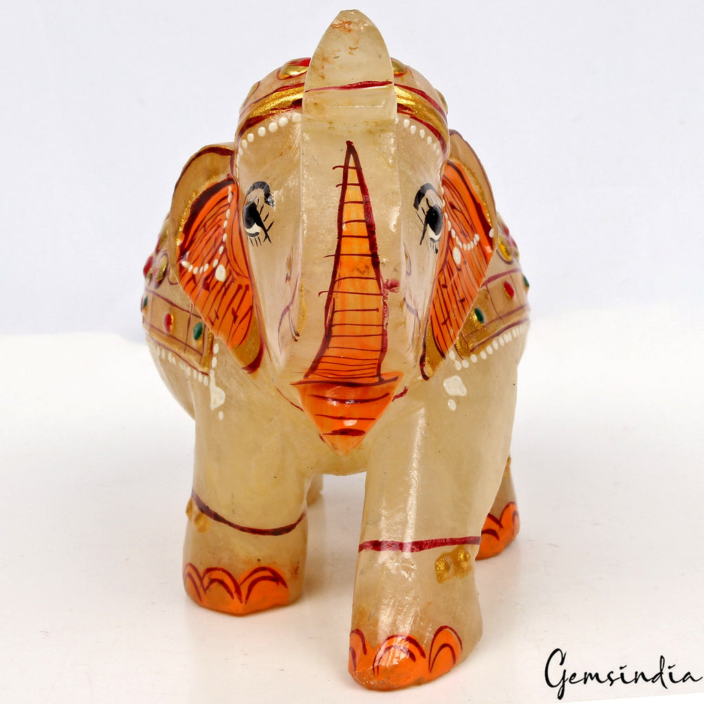 1830 Ct Hand Crafted Gold Painted Trunk Up Elephant Natural Aventurine Sculpture