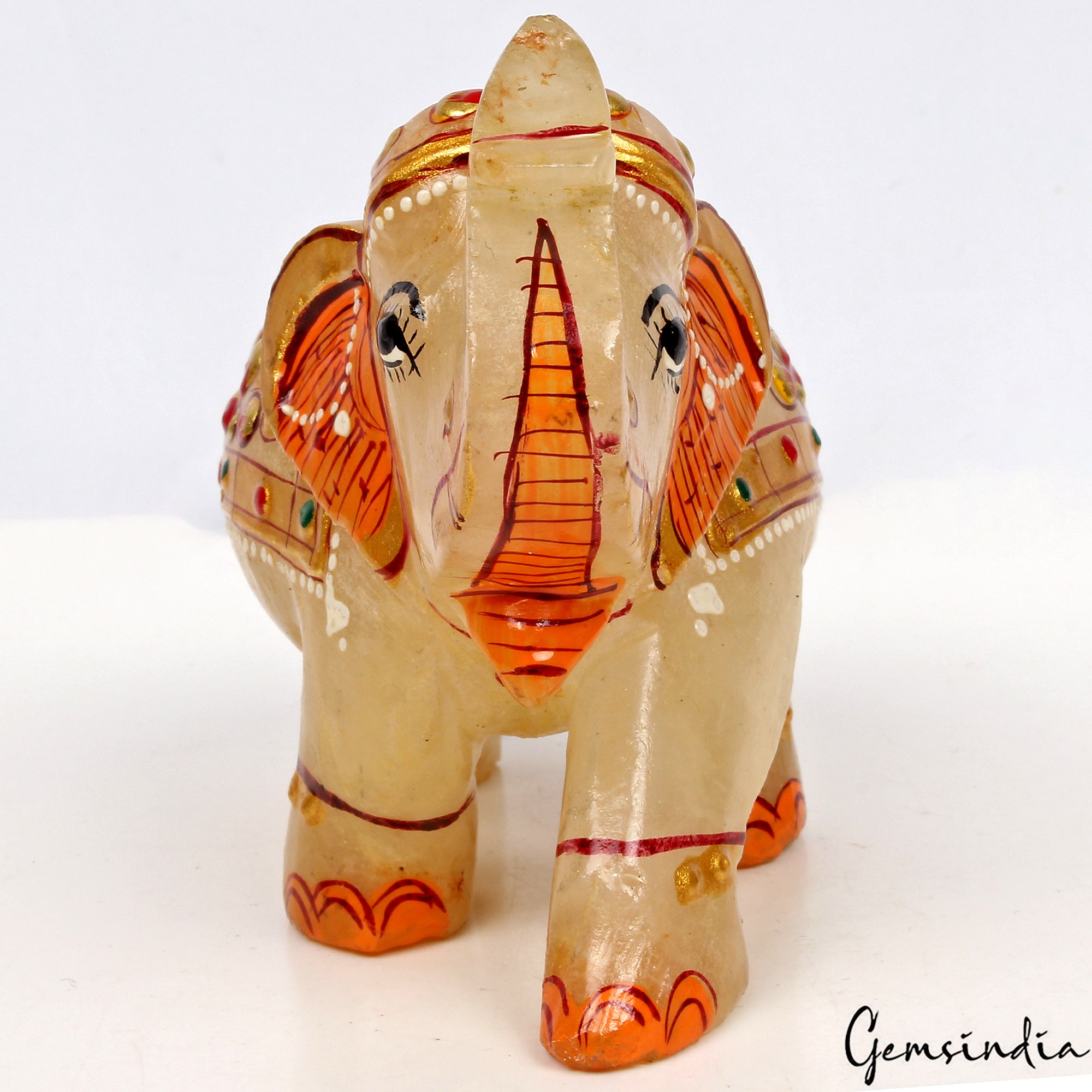 1830 Ct Hand Crafted Gold Painted Trunk Up Elephant Natural Aventurine Sculpture