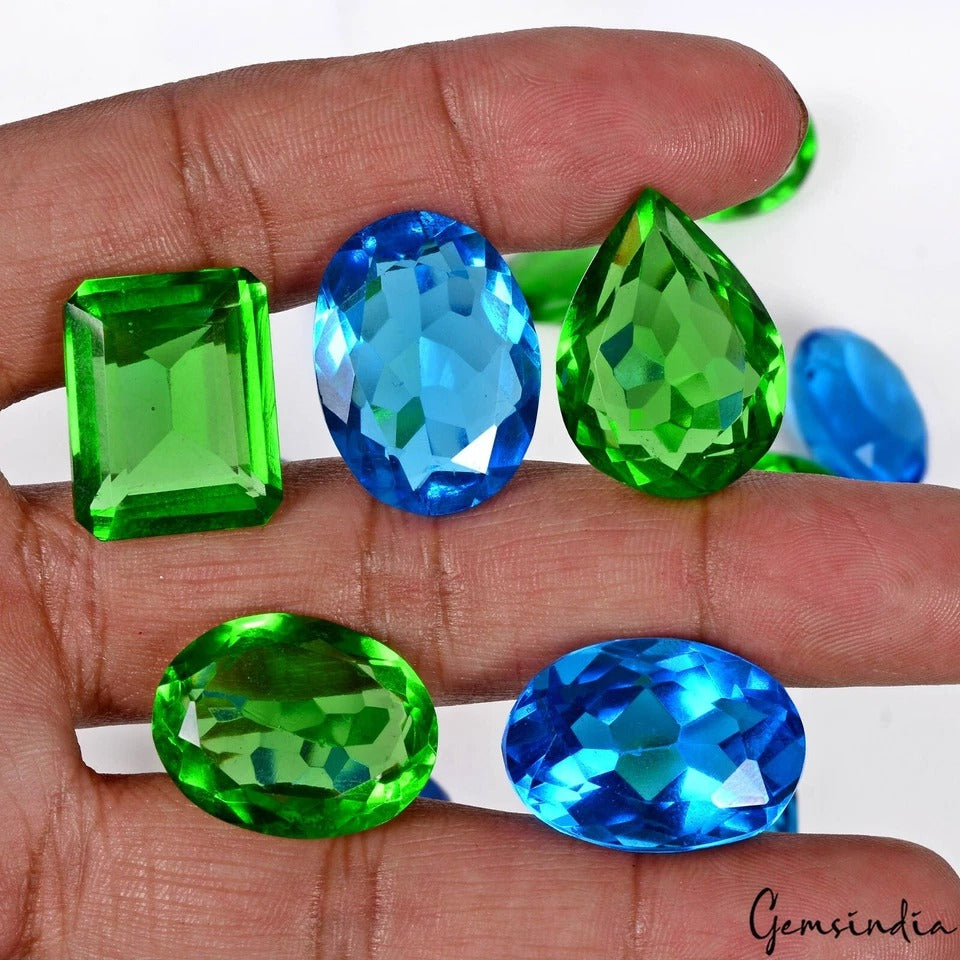 345 Cts/15 Pcs Lab Created Blue Topaz & Peridot Hydro Loose Jewelry Gemstones
