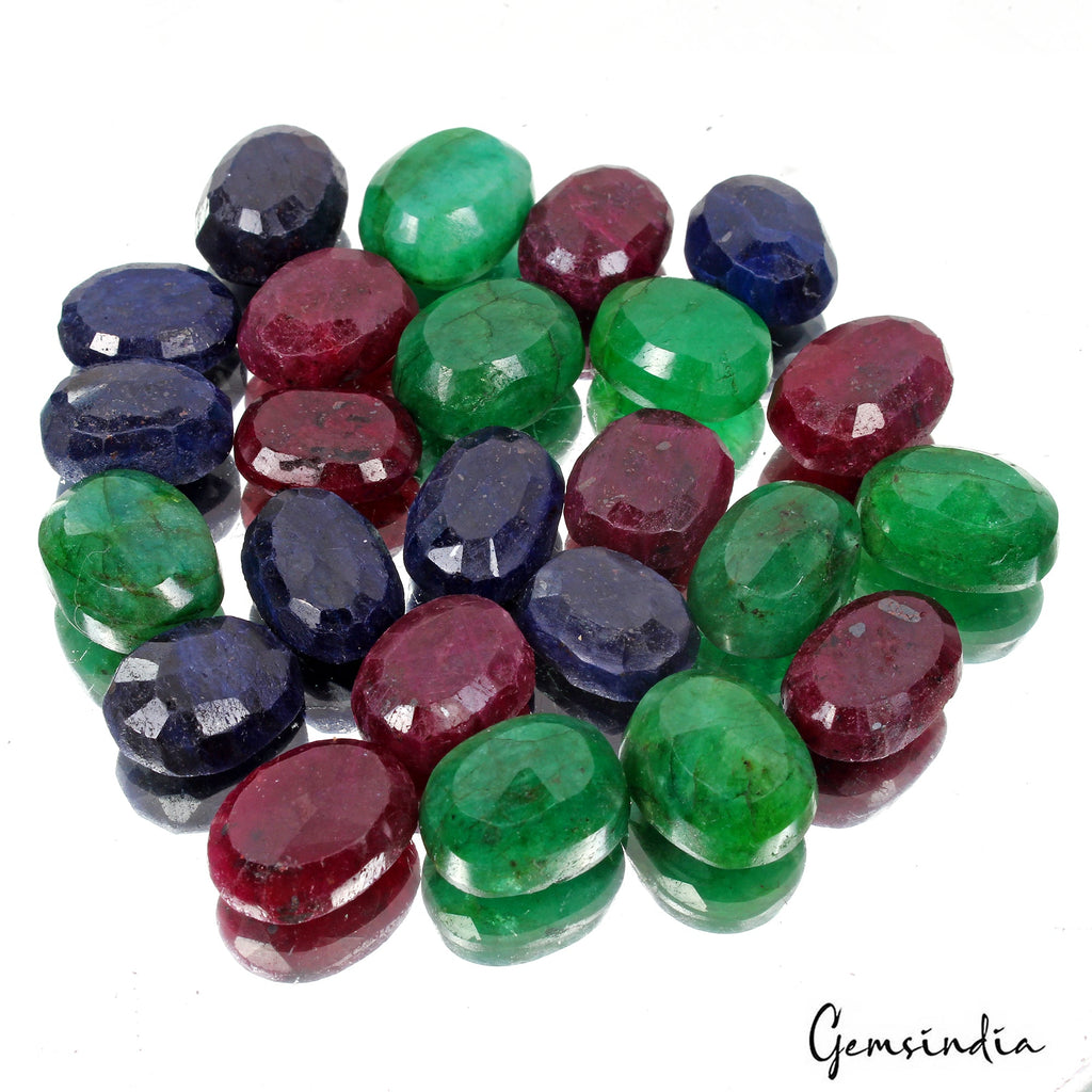 530 Ct Natural Ruby Emerald Sapphire Oval Cut Faceted Loose Certified Gems Lot