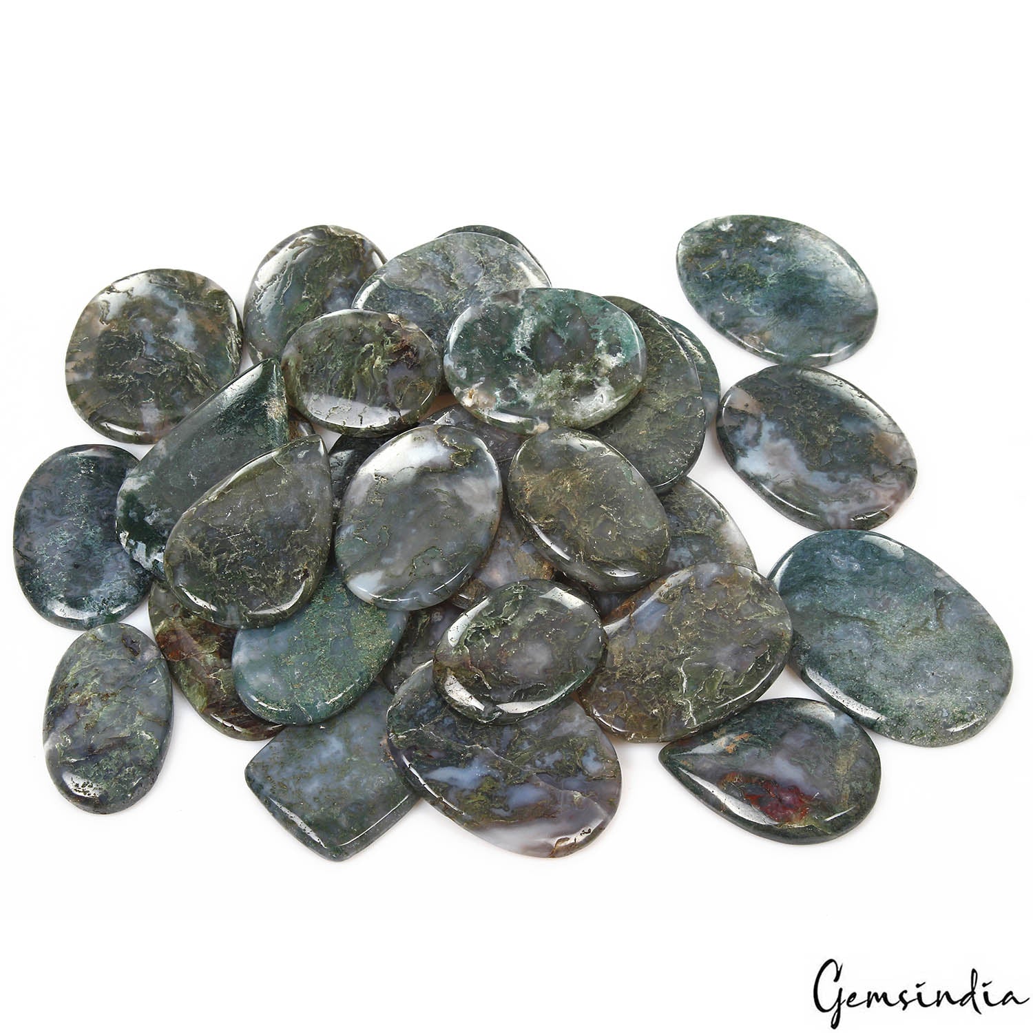 3500 Ct/30 Pcs Natural Untreated White Green Moss Agate Mix Cab Wholesale Gems
