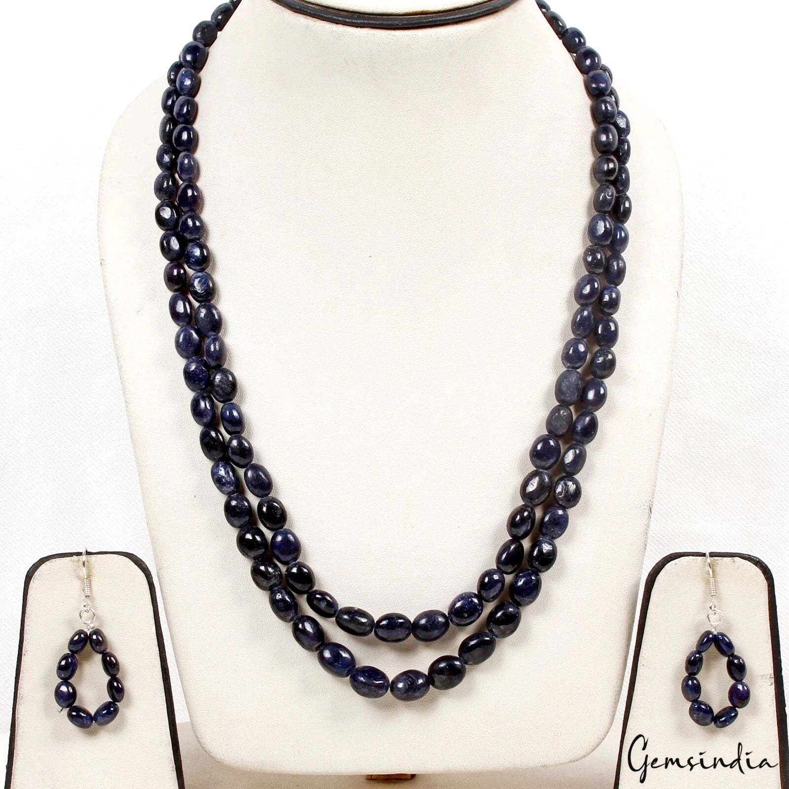 656.70 Cts Natural Dark Blue Sapphire Gem Oval Cab Beaded Handmade Jewelry set