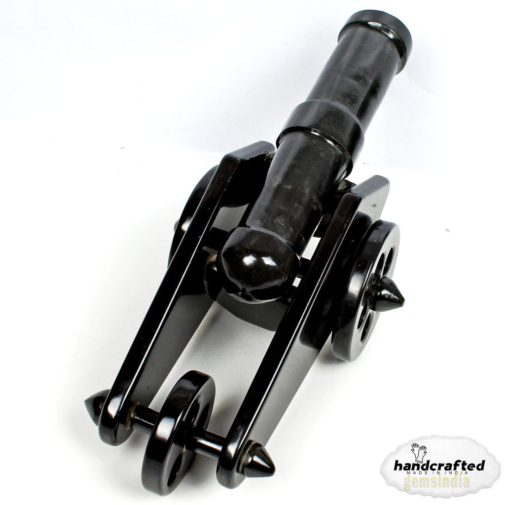 gemsindia Hand Carved Black Agate Carved Cannon with wheel play all stone joints