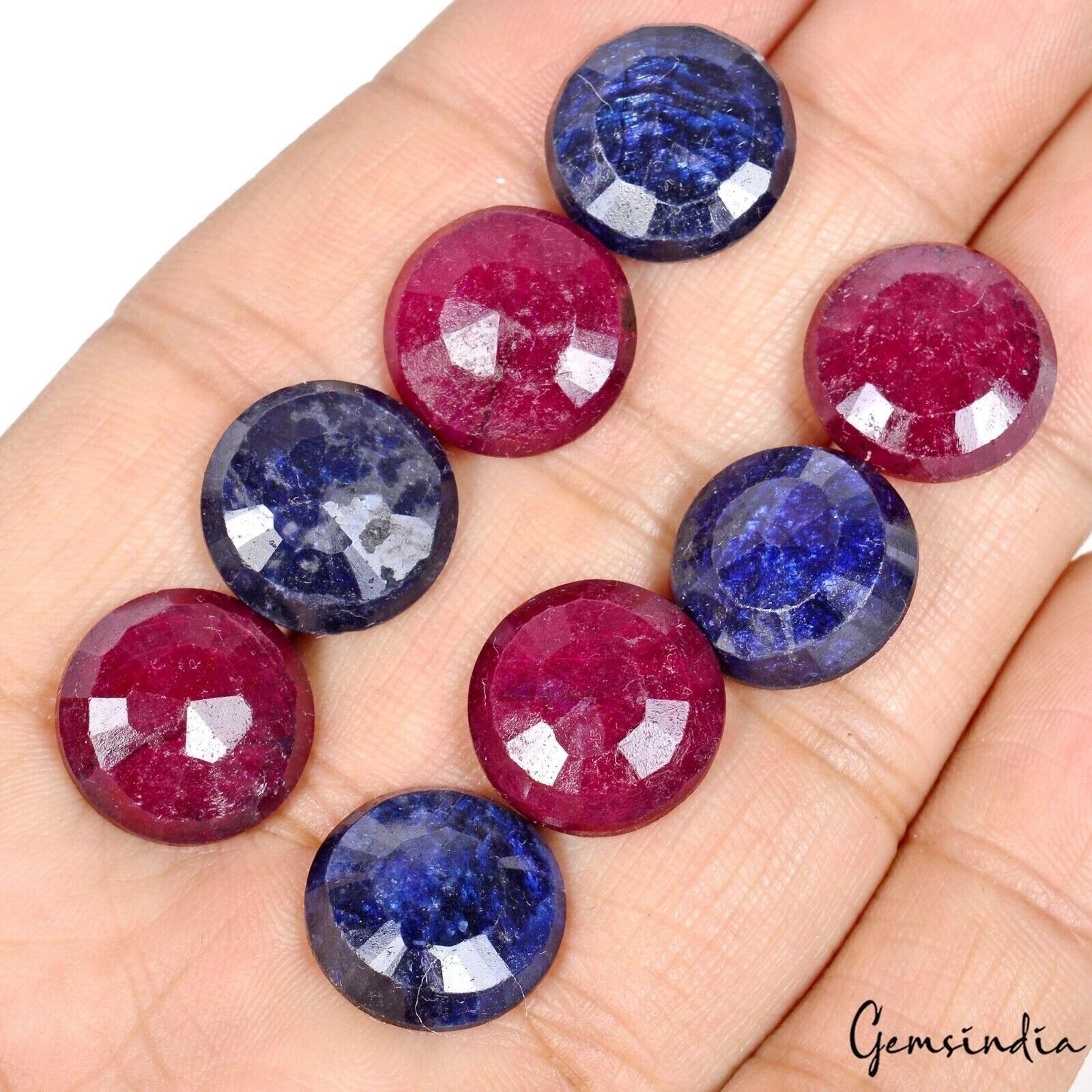 Certified 109.80 Cts/8 Pcs Natural Red Ruby Blue Sapphire Round Checker Cut Gems