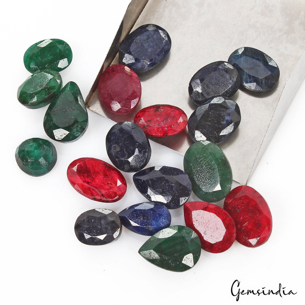 Certified 110 Cts/19 Pcs Natural Multi Color Emerald Ruby Sapphire Mix Cut Gems