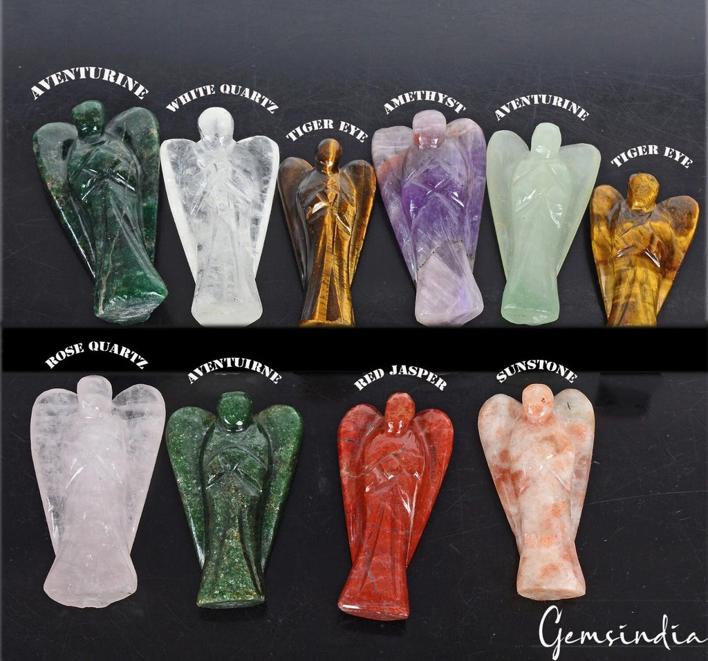 10Pc Healing Crystal Carved Pocket Gemstone Guardian Peace Angel Figurines Reiki