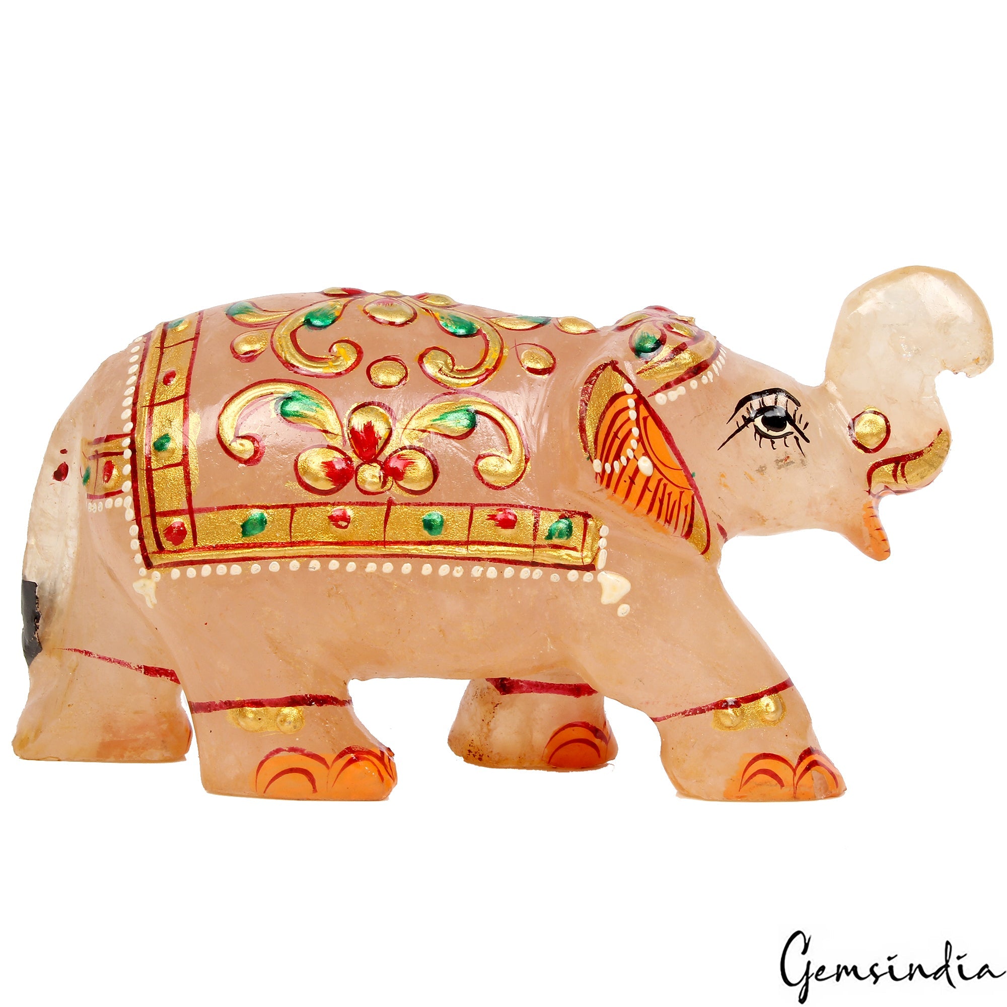1120 Ct Natural Aventurine Carved Elephant Trunk Up Gemstone Animal Statue Decor