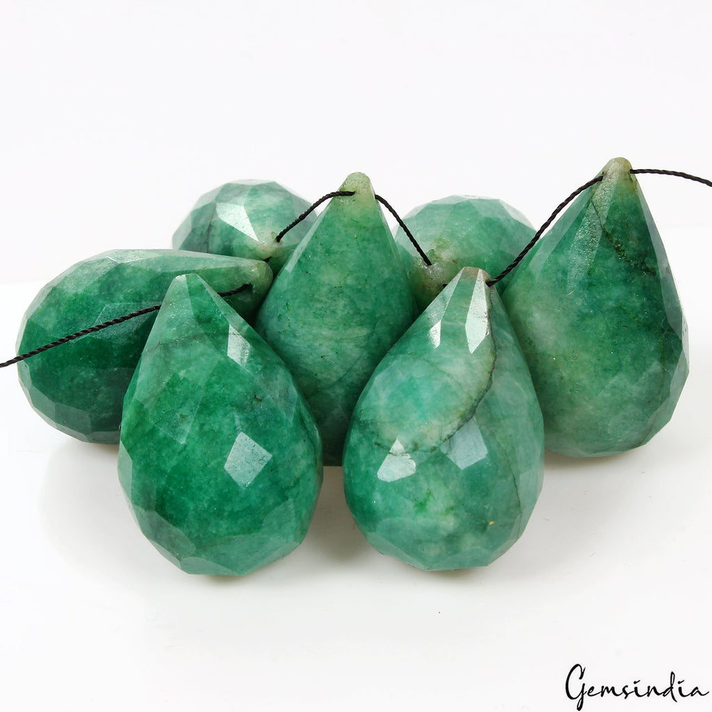 7 Pc Natural Green Emerald Pear Checker Cut Bead/Briolettes Drilled Gems~ 400 Ct