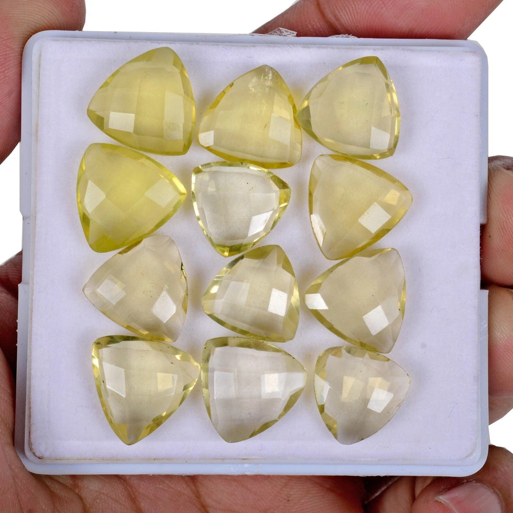 Natural Lemon Quartz Citrine - 12 Pc Lot- Trillion Cut Faceted Yellow Gemstones