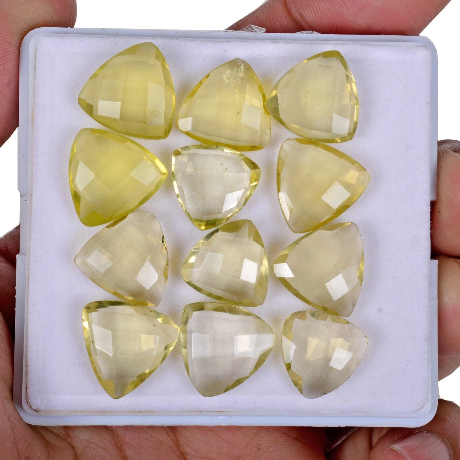 Natural Lemon Quartz Citrine - 12 Pc Lot- Trillion Cut Faceted Yellow Gemstones