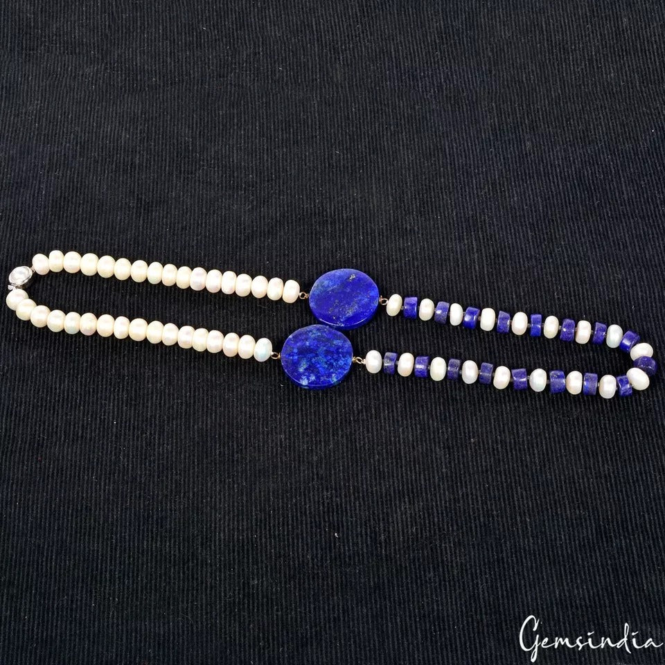 450 Ct Natural Blue Lapis Lazuli & Freshwater Pearl Beaded Handmade Necklace 22"
