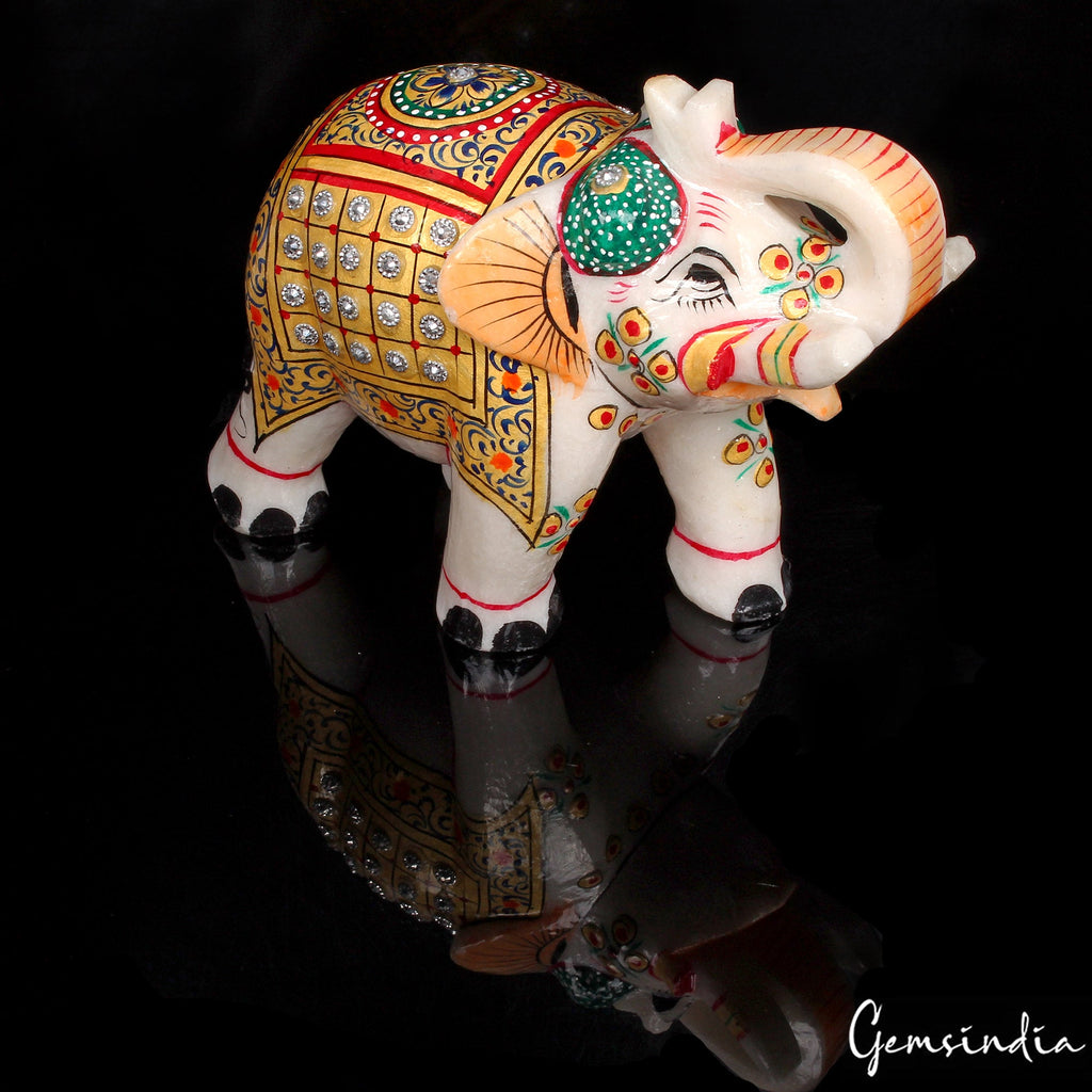 1.3 Kg Marble Elephant Statue Trunk Up Hand Paint Indian Art Home Deor Figurine