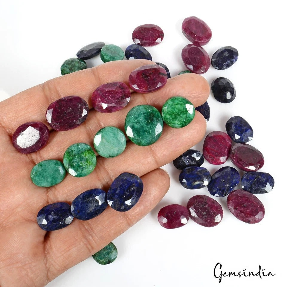 440 Ct 13 Pcs Natural Red Ruby Green Emerald Blue Sapphire All Oval Loose Gems