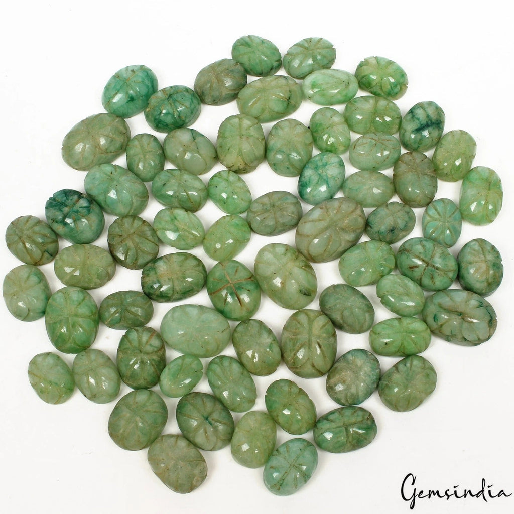700 Ct/66 Pcs Natural Green Brazilian Emerald Oval Cut Hand Carved Loose Gem Lot